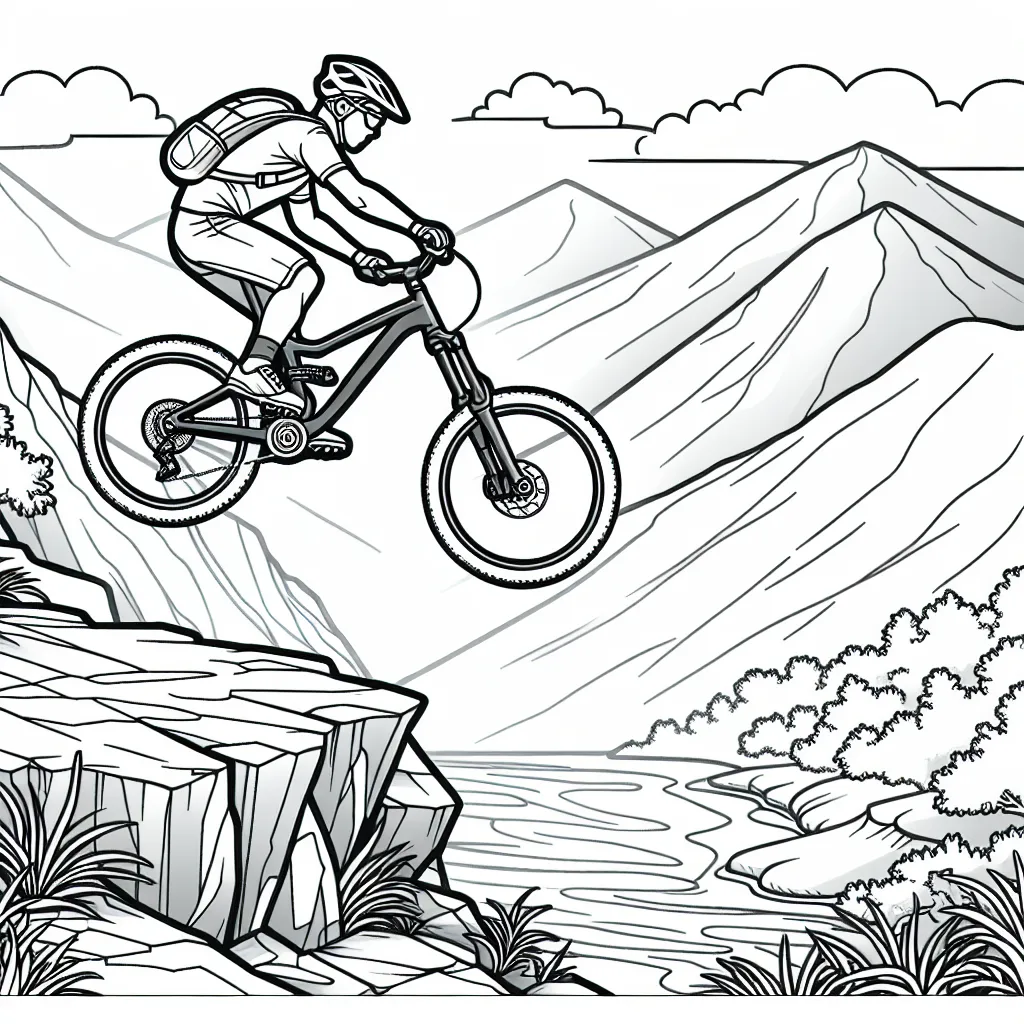 Dessine une scène passionnante d'un sportif en plein saut avec son VTT sur un terrain rocheux escarpé, avec des montagnes en arrière-plan.