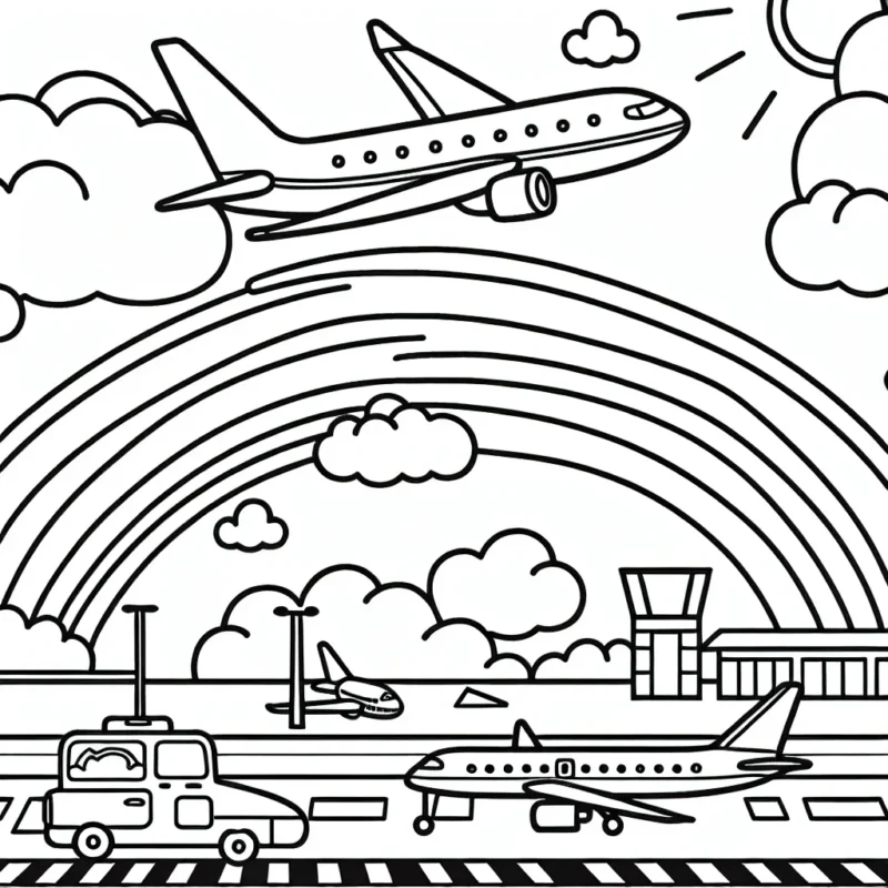 Un avion à réaction volant haut dans le ciel, traversant un arc-en-ciel aux couleurs vives, tandis qu'un deuxième avion atterrit sur une piste d'aéroport animée en bas.
