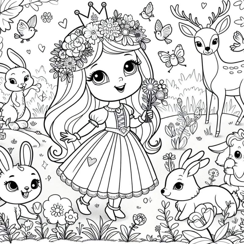 Princesse Lily dans son jardin fleuri magique avec ses amis les animaux de la forêt enchantée