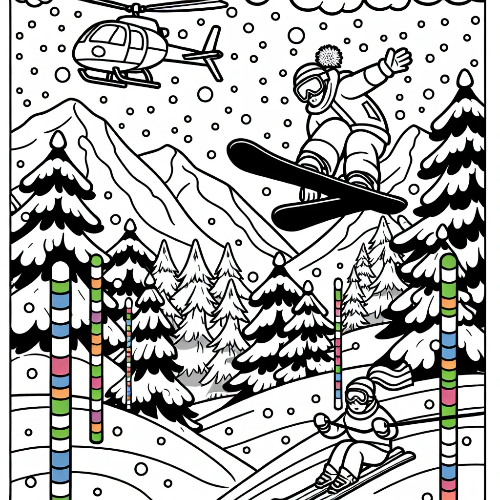 Votre mission est de créer un paysage de montagne enneigée avec un snowboardeur en train de faire un saut incroyable par dessus une falaise. Il y a un hélicoptère en arrière-plan et des arbres recouverts de neige partout. À côté du snowboarder, dessine un skieur effectuant un slalom entre des poteaux de couleur.