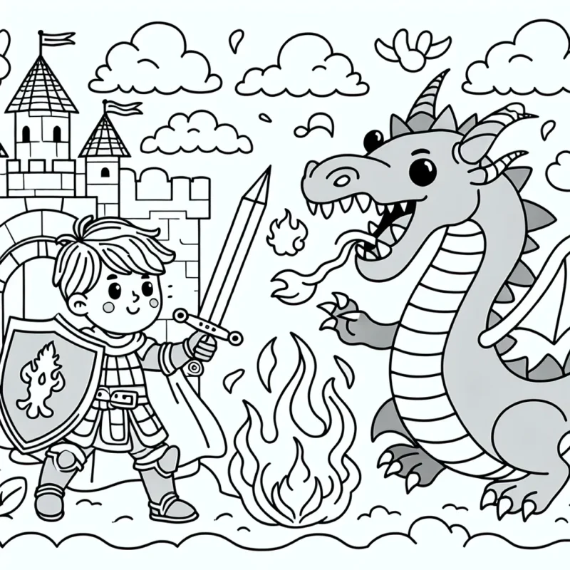 Un jeune chevalier farouche protégeant son royaume contre un dragon malicieux crachant du feu. Le château en arrière-plan sous un ciel parsemé de nuages. Inclure le chevalier avec son épée, le dragon, le château, les nuages et les flammes.