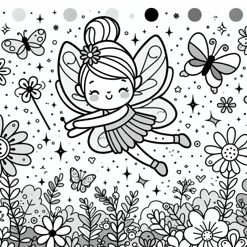 Une fée douce et aimable est en train de voler dans un jardin magique plein de fleurs scintillantes et de papillons