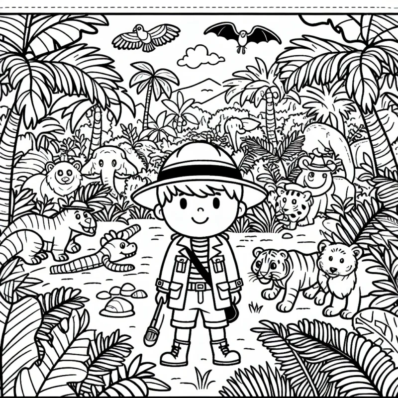 Un petit garçon avec un chapeau d'explorateur dans une jungle densément peuplée d'animaux sauvages et de plantes tropicales exotiques. Sur la page, il y aurait aussi une carte au trésor montrant le chemin à un trésor caché.