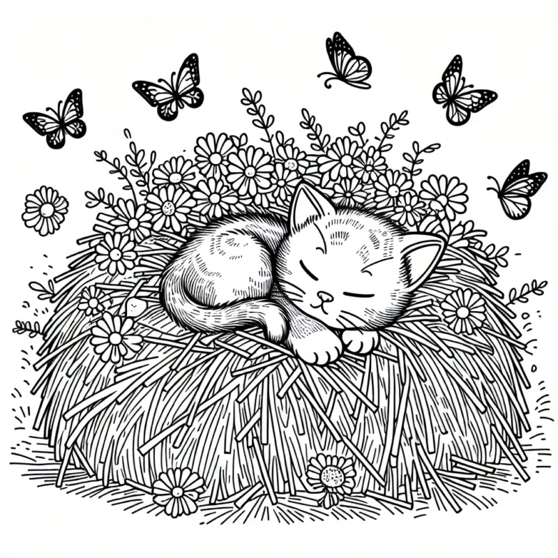Un chaton endormi dans une botte de foin, entouré de papillons