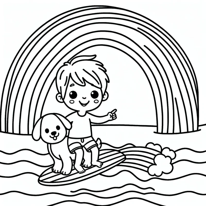 Un petit garçon surfe sur l'arc-en-ciel avec son chien