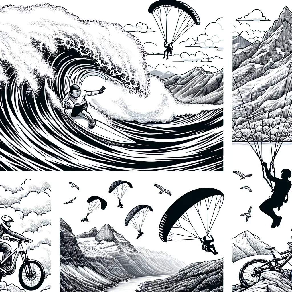 Dans ce dessin à colorier, découvre une foule de sports extrêmes. Les surfeurs minuscules affrontent des vagues gigantesques, les parapentistes volent haut dans le ciel clair, les grimpeurs d'élite grimpent des montagnes escarpées, et les vététistes dévalent des pentes raides. Le tout, dans un paysage pittoresque.