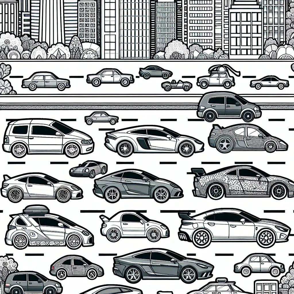 Des différentes marques de voitures sont présentées dans un décor urbain dynamique. Les voitures sont différentes en termes de modèles et de designs, reflétant les caractéristiques uniques de chaque marque. Alignées le long d'une route animée, ces voitures attendent d'être colorées. Elles incluent mais ne se limitent pas à des marques telles que Ferrari, Mercedes, BMW, Audi, Volvo, Citroën etc. Il est temps d'apporter de la couleur dans le monde des automobiles !