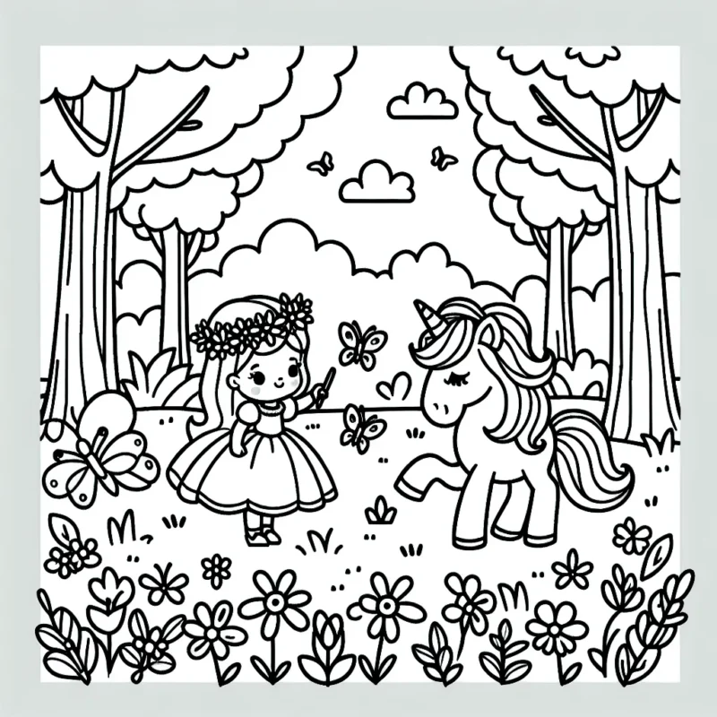 Dans une grande forêt printanière, une licorne joue avec des papillons, quand une princesse les rejoint.
