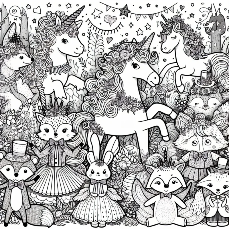 Imagine un monde merveilleux où les animaux de la forêt enchantée organisent un bal annuel. Des licornes, des lapins, de adorables renards, de moelleux hérissons, et même d'élégants cerfs, tous vêtus de leur plus grand costume, sont en train de danser. Ajoute des couleurs à cette fête incroyable et donne vie à cette magnifique scène.