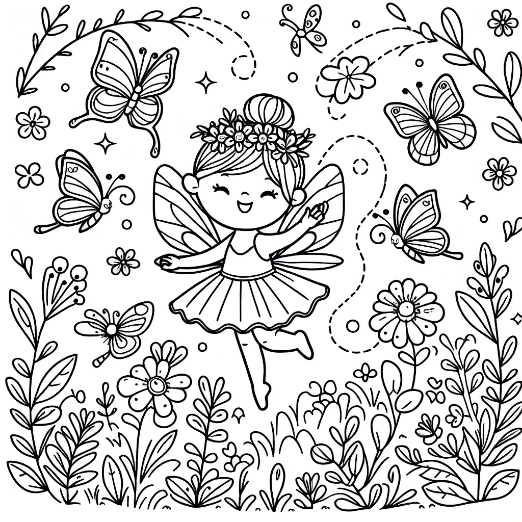 La petite fée magique danse avec ses amis les papillons dans une prairie fleurie.