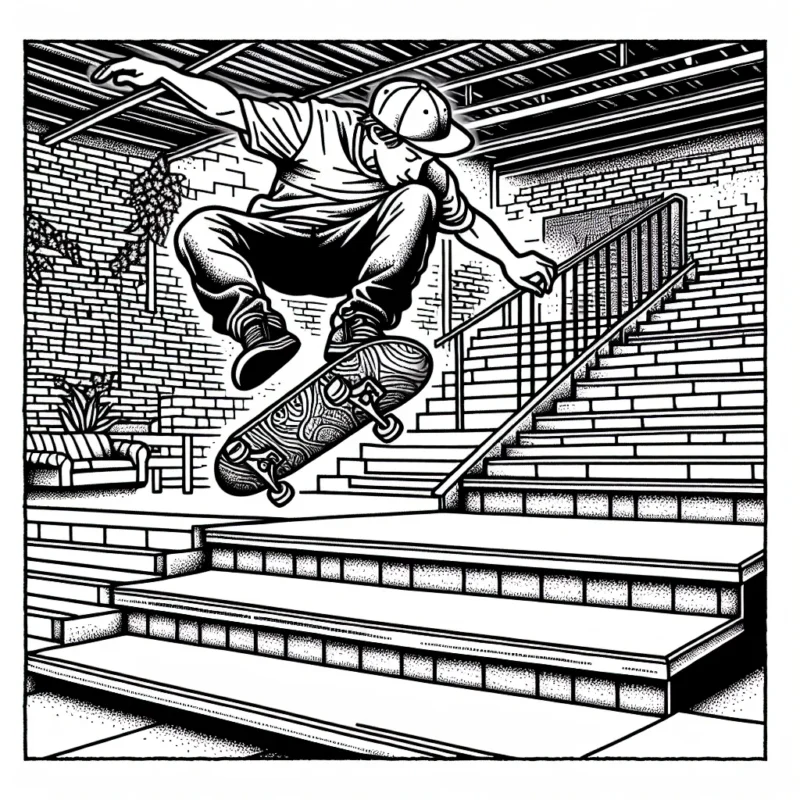 Dessine un skateboarder professionnel en pleine action dans un parcours urbain extrême, avec un paysage de mur de briques, un escalier raide et des rampes de béton dans le fond.