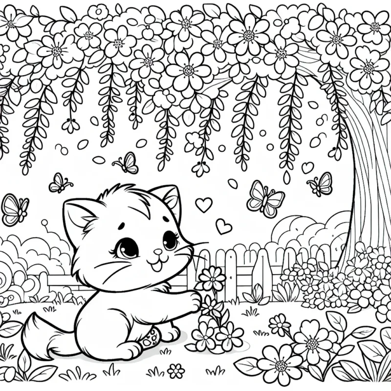 Un chaton mignon qui joue sous un arbre florissant dans un jardin enchanté, entouré de papillons colorés