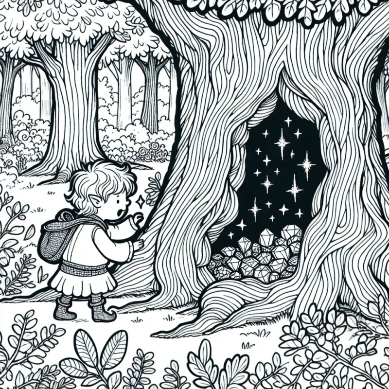 Un petit elfe découvrant des bijoux dans le tronc creux d'un vieux chêne