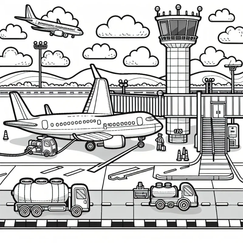 Sur une grande piste d'atterrissage avec une tour de contrôle en arrière-plan, représentez un avion de ligne prêt pour le décollage. A côté de l'avion, il y a un camion-citerne pour le carburant, une passerelle pour les passagers et une équipe d'entretien au sol qui fait les dernières vérifications.