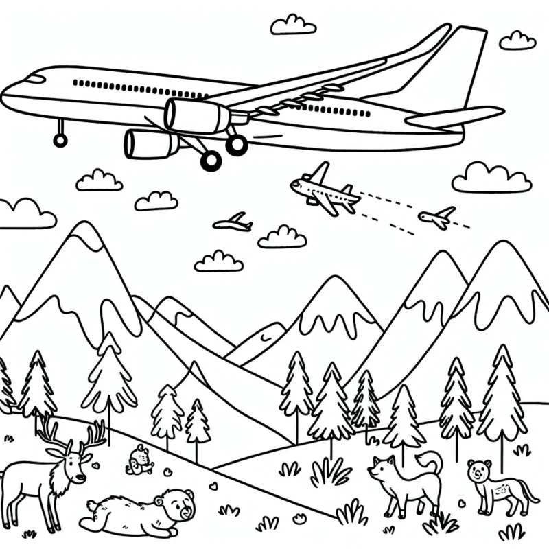 Dessine un avion de ligne survolant les montagnes avec des animaux en bas qui regardent passer l'avion