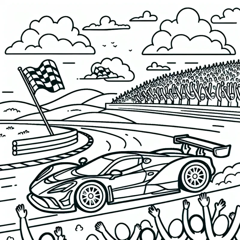 Dessine une voiture de sport roulant à grande vitesse sur une piste de course, avec des foules excitées en arrière-plan qui l'encouragent. N'oublie pas de colorer le ciel, les nuages, le paysage environnant et bien sûr, la voiture flashy et rapide!