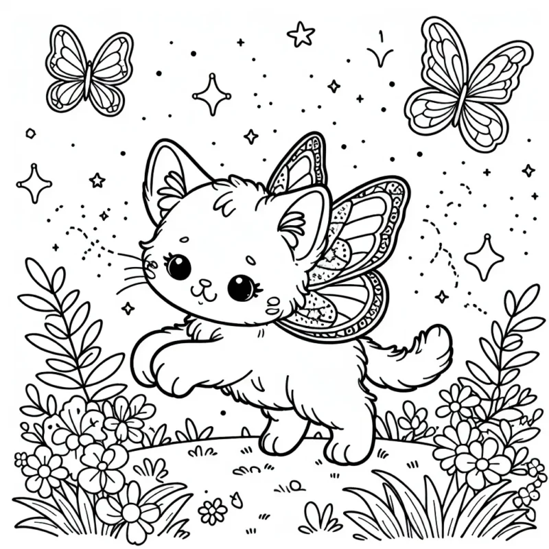 Un petit chat avec des ailes de papillon explorant un jardin magique