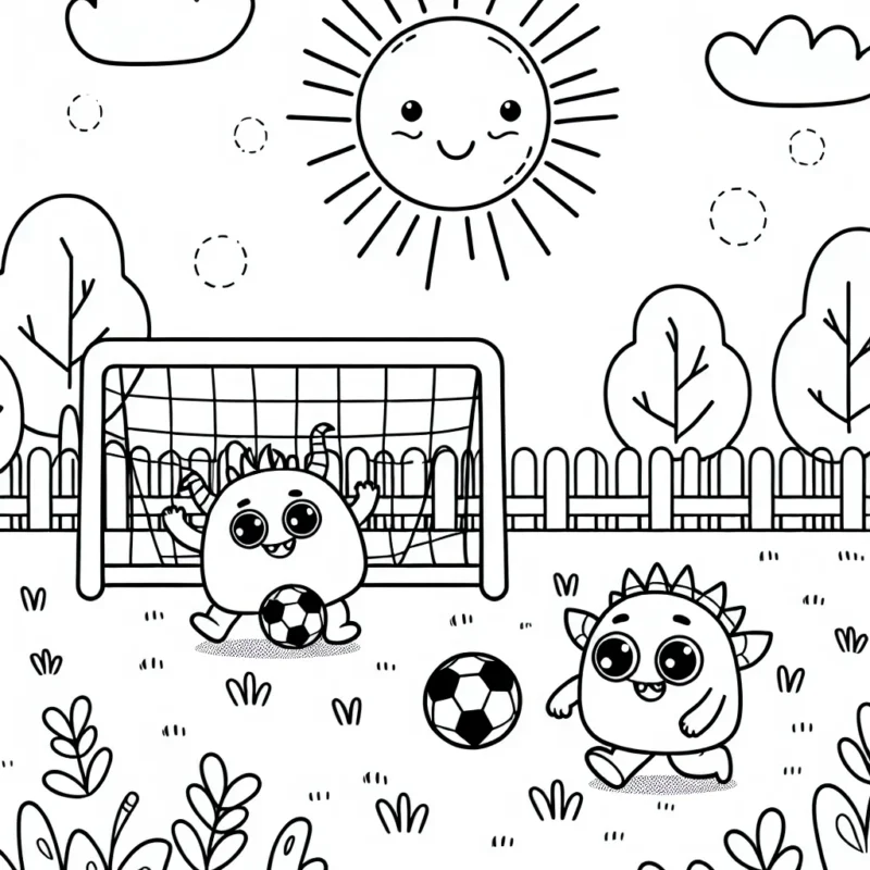 Deux adorables petits monstres jouent au football dans un parc ensoleillé.