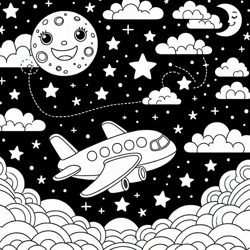 Un avion survolant les nuages dans un ciel étoilé avec la lune qui sourit en arrière-plan