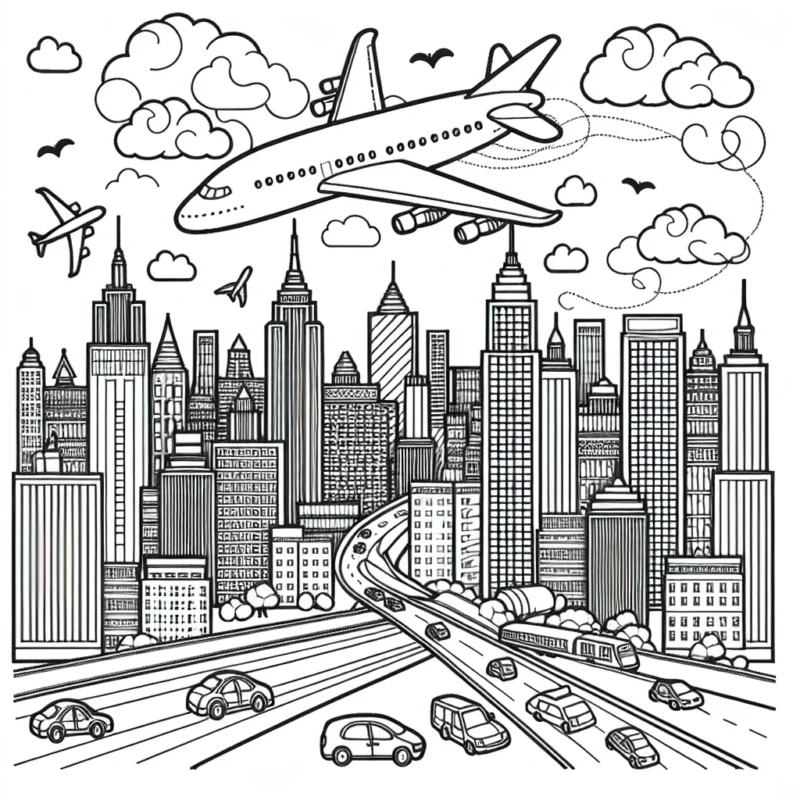 Pilotez votre imagination avec ce dessin mettant en scène un avion survolant une ville animée, avec des détails comme des buildings, des voitures et des personnes en dessous. Le ciel au-dessus offre la possibilité d'ajouter des nuages et des oiseaux.