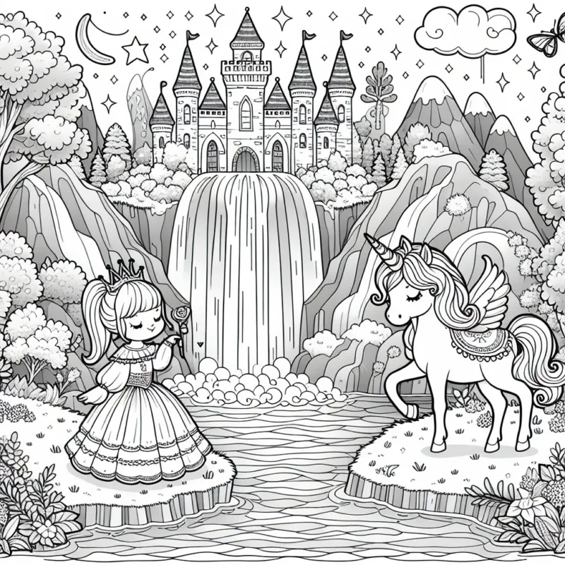 Un royaume enchanté avec une petite princesse, sa licorne magique et une cascade de rêve