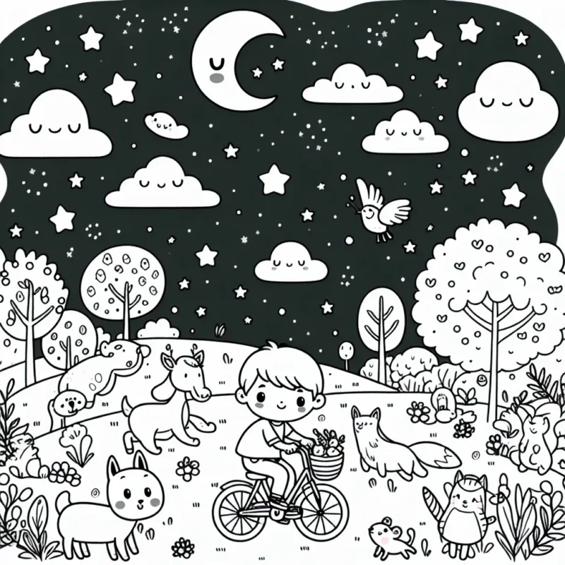 Un petit garçon chevauche son vélo à travers un parc animé avec des animaux sympathiques et un magnifique ciel étoilé au-dessus.