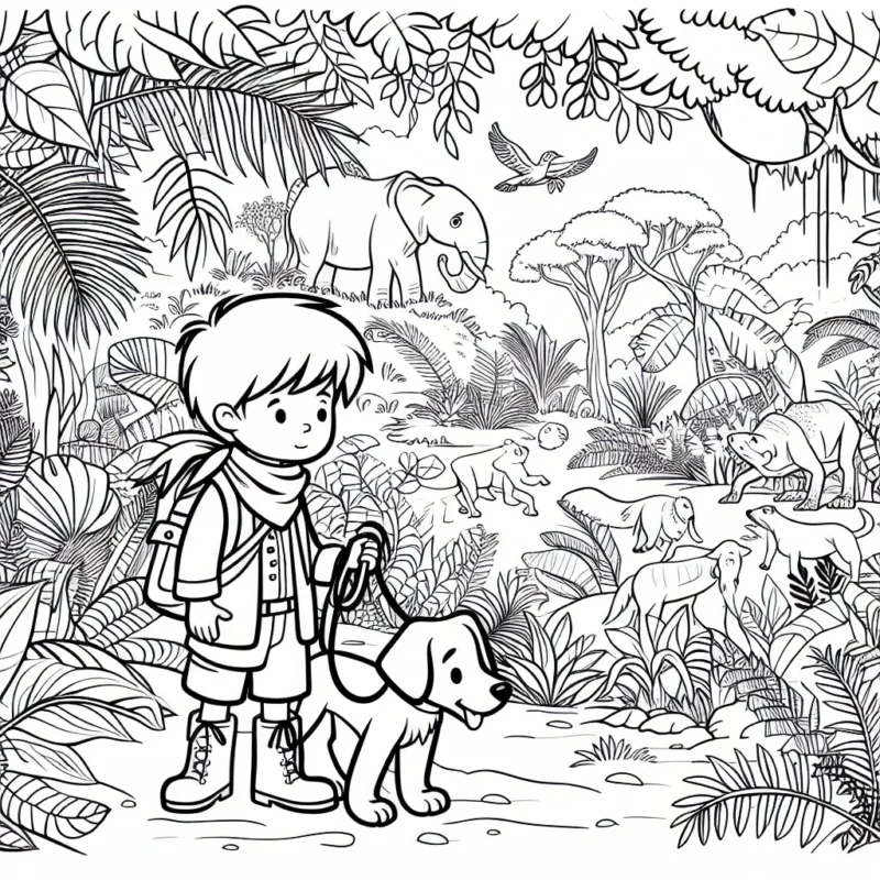Un petit garçon courageux avec son chien explore une jungle dense, remplie d'animaux et de plantes exotiques que tu peux colorier.
