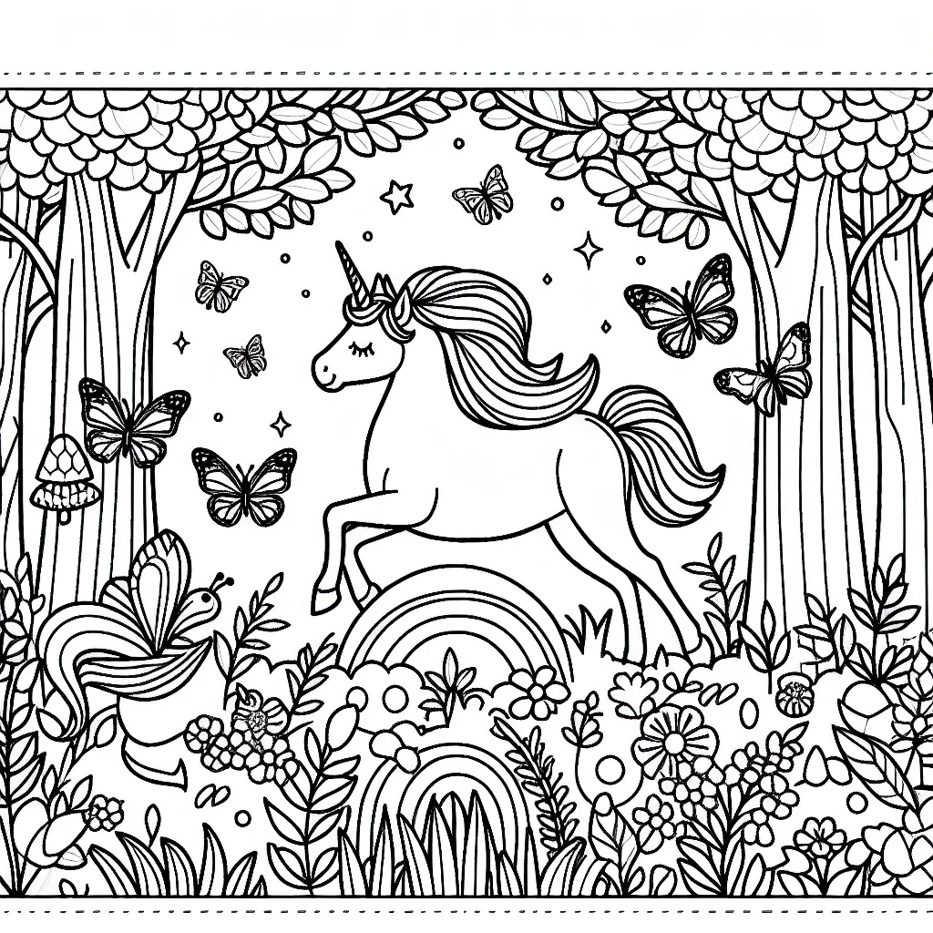 Une scène enchantée de forêt avec des licornes, des papillons magiques et des fleurs colorées.