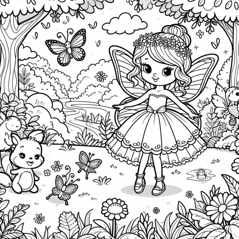 Dessine une princesse féerique dans un jardin luxuriant, entourée de ses amis les animaux