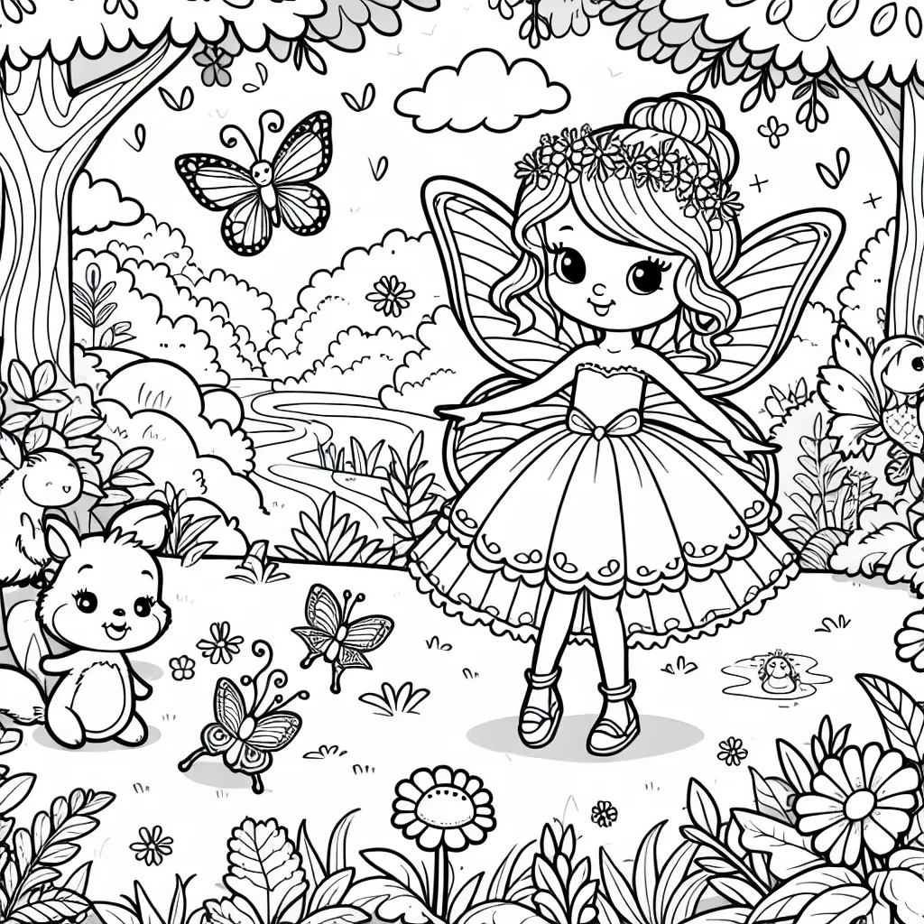 Dessine une princesse féerique dans un jardin luxuriant, entourée de ses amis les animaux