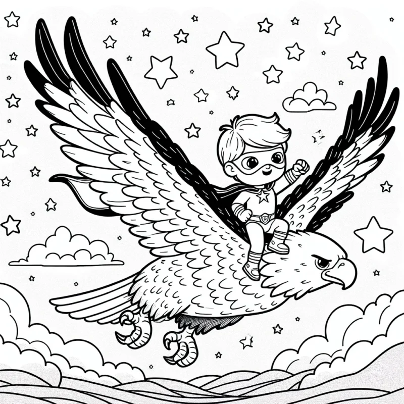 Un petit garçon, vêtu en super-héros, volant sur un aigle gigantesque dans un ciel étoilé
