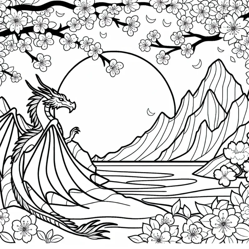 Un majestueux dragon ailé regarde paisiblement le coucher de soleil depuis une falaise bordée de cerisiers en fleurs