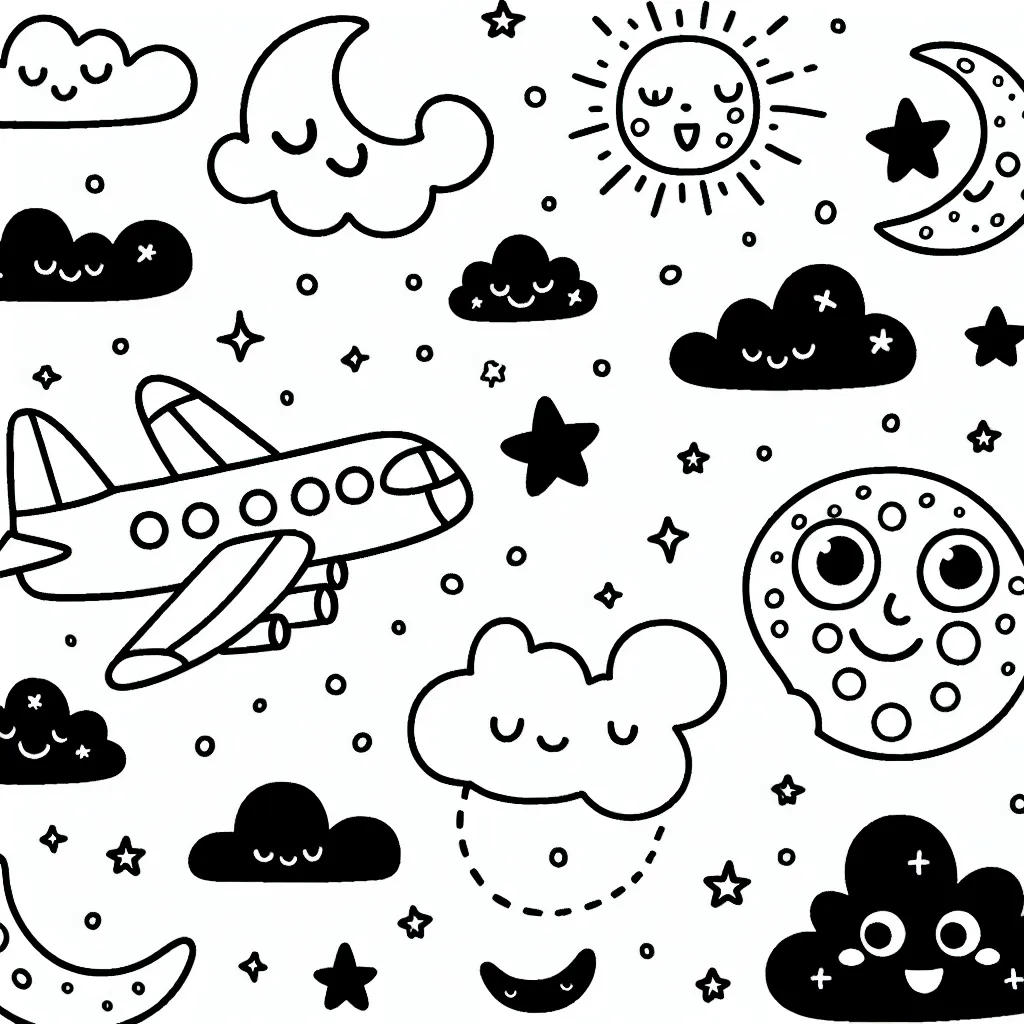 Imaginez un ciel étoilé dans lequel un avion vole haut, dessiné avec des détails amusants comme des yeux et une grande bouche souriante. Dessine aussi diverses formes et figures de nuages, la lune souriante et les étoiles scintillantes autour de l'avion.