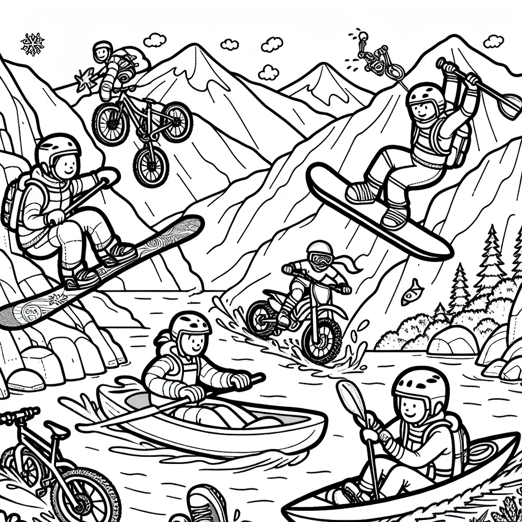 Un groupe d'aventuriers sportifs s'attaquent à un ensemble de sports extrêmes. Ils font du snowboard sur les sommets enneigés, du BMX sur les routes sinueuses, du kayak en eau vive et de l'escalade sur des falaises escarpées. Ils sont en effet bravement équipés et sont enthousiastes à l'idée de relever ces défis. À vos crayons pour ajouter des éclats de couleur à leur aventure !