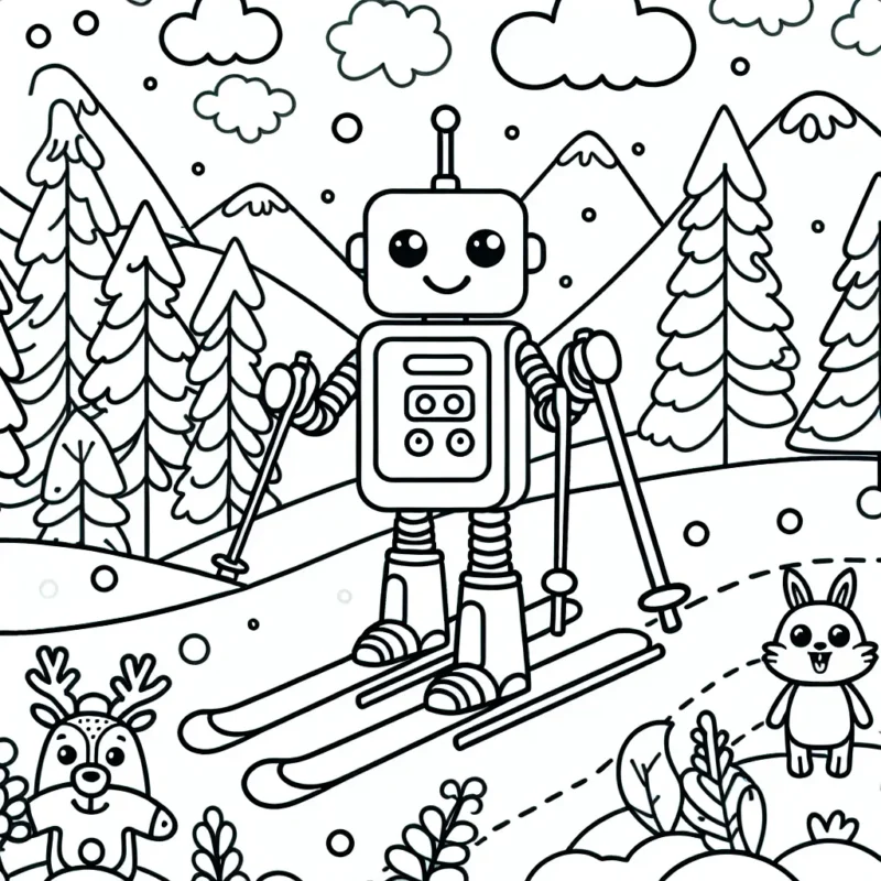 Un robot sympathique faisant du ski sur une montagne enneigée entouré d'animaux de la forêt