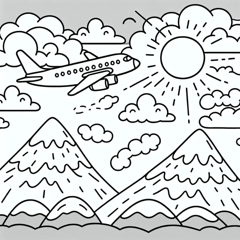 Dessine un avion volant haut dans le ciel au-dessus des montagnes avec des nuages autour de lui.