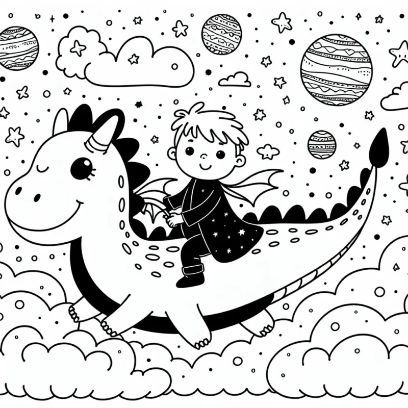 Un petit garçon vole au-dessus des nuages sur un dragon amical, ils explorent un ciel rempli d'étoiles et de planètes colorées.