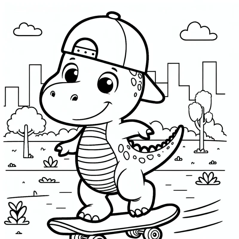 Sur ton coloriage, dessine un joyeux dinosaure portant une casquette et faisant du skateboard dans un parc à l'époque préhistorique