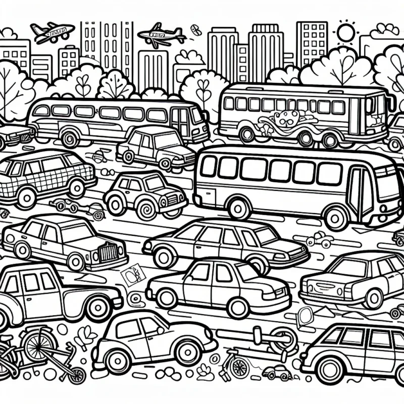 Dessine une scène animée avec une foule de voitures colorées