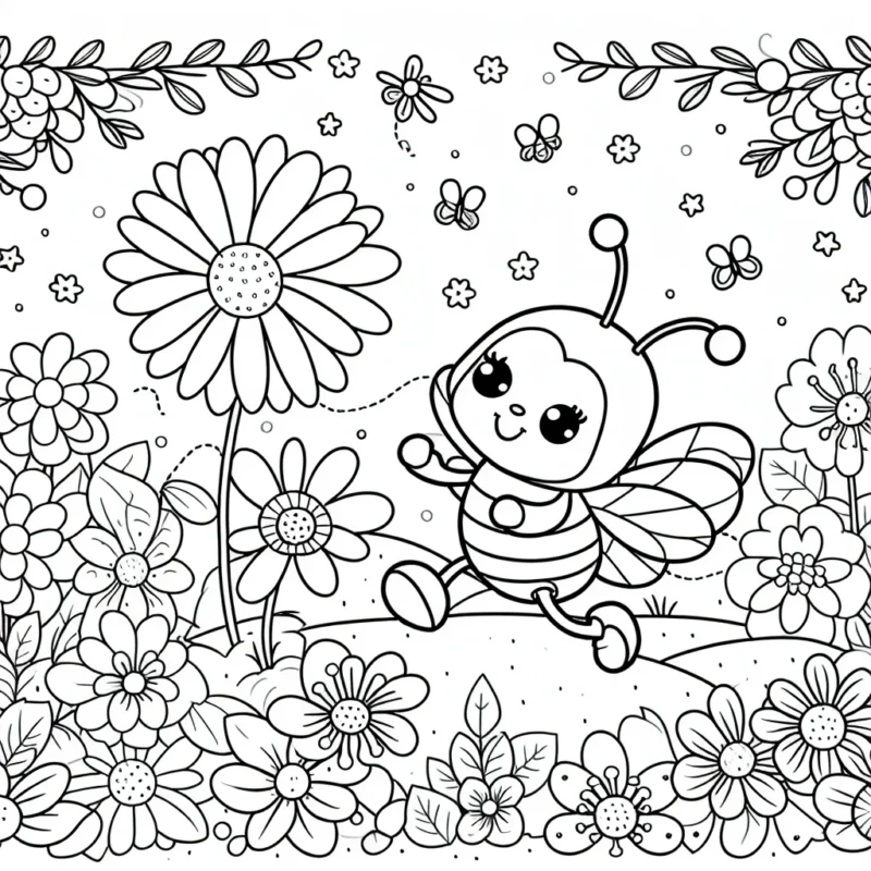 Crée une scène dans ton imaginaire où un dessin d'une petite abeille est entrain de danser avec des fleurs dans un jardin merveilleux.