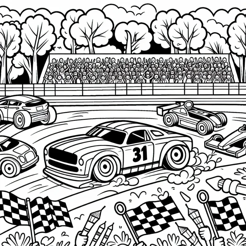 Dessine une scène de course de voitures avec des voitures de différentes formes et tailles. N'oublie pas de remplir le paysage avec des arbres et des gradins remplis de fans qui applaudissent et soutiennent leurs voitures préférées.