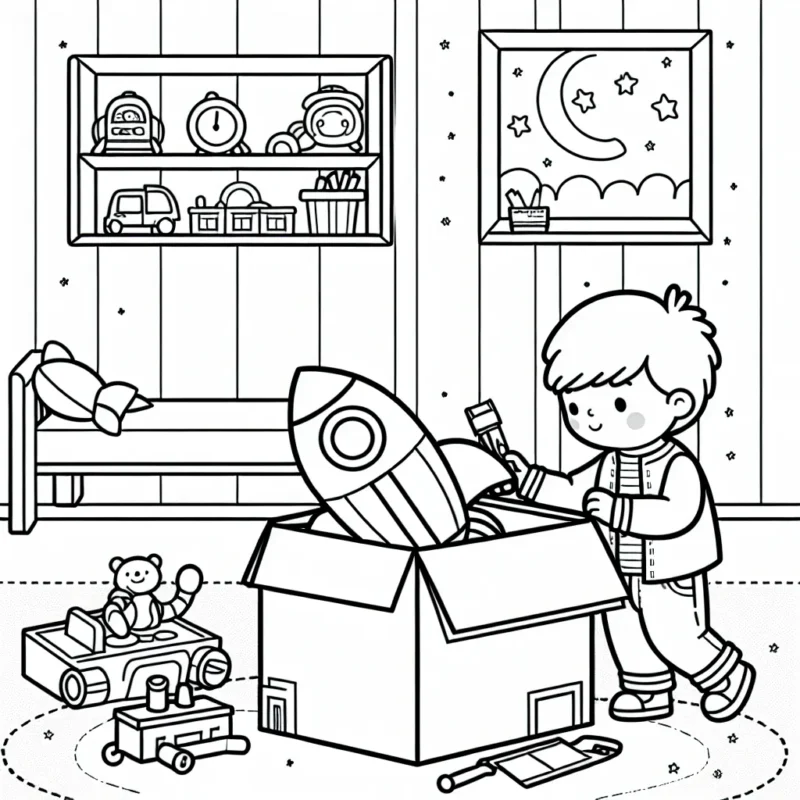 Un petit garçon construit une fusée spatiale en carton dans sa chambre remplie de jouets