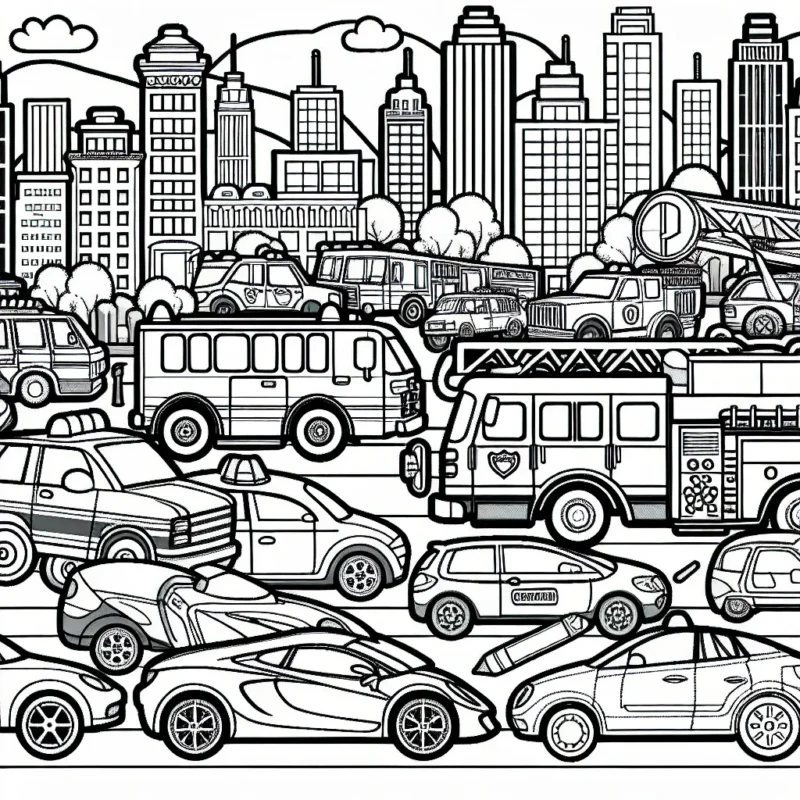 Imagine toi en train de colorier un paysage urbain bondé avec une variété de voitures. Du petit coupé sportif rouge à l'énorme camion de pompiers en passant par le bus scolaire jaune et le taxi vert, chaque véhicule a sa propre nuance vibrante. N'oublie pas d'ajouter de la couleur aux immeubles et aux rues pour rendre le paysage encore plus vivant!