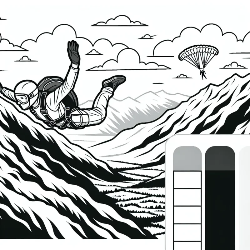 Dessine un base jumper en plein saut, portant une aile de wingsuit, avec des montagnes en arrière-plan.