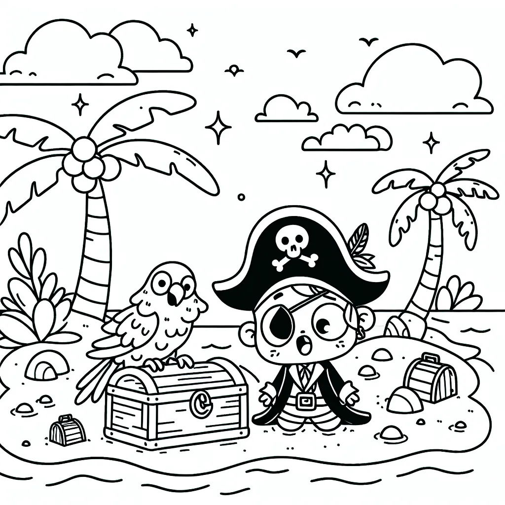 Un petit pirate avec son perroquet sur une île déserte remplie de trésors cachés