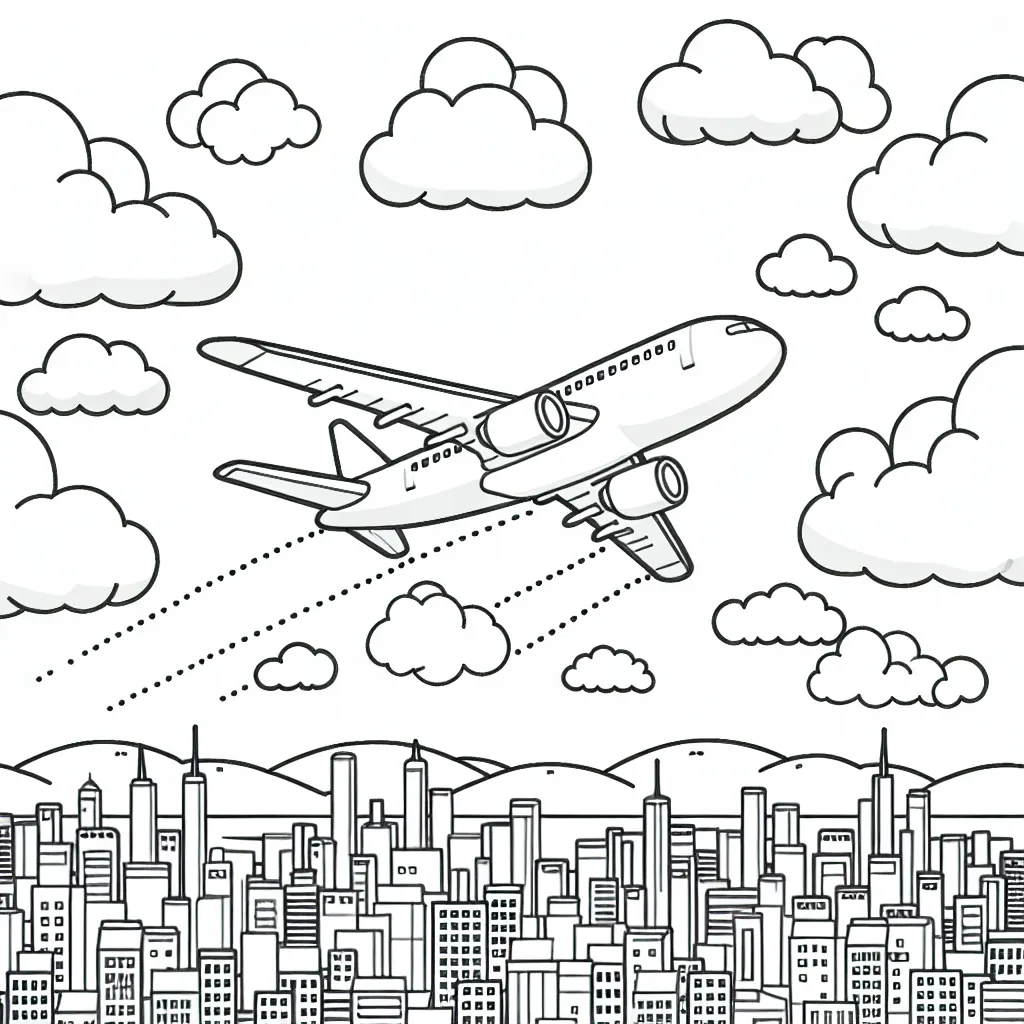 Dessine un avion qui traverse les nuages avec une vue panoramique sur la ville en dessous.