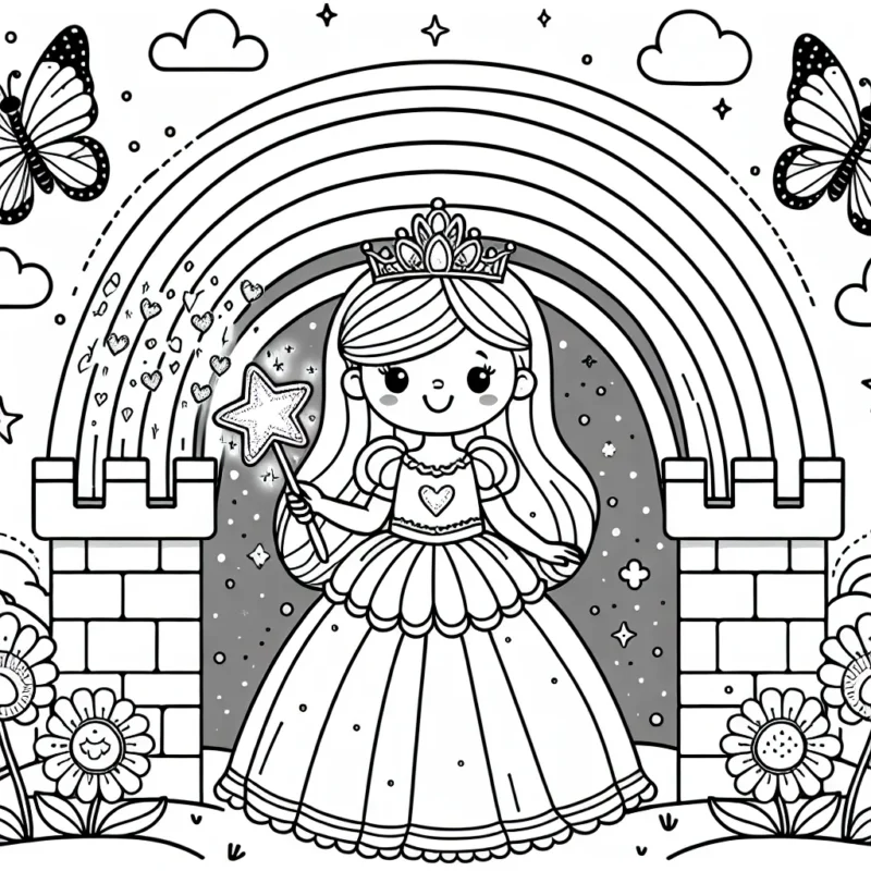 Une petite princesse se tient fièrement sur la tour de son château, tenant une baguette magique étincelante. Autour d'elle, des papillons aux couleurs vives volent, des fleurs éclatantes fleurissent sur les murs de la tour, et un arc-en-ciel magnifique s'étire dans le ciel derrière elle.