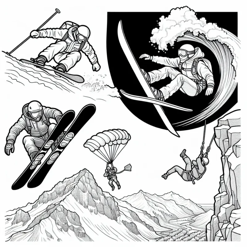 Dans ce dessin, vous trouverez un skieur extrême sautant d'une montagne avec la planche à neige dans les air, un surfeur chevauchant une vague géante, un parachutiste plongeant à vitesse maximale du ciel et un grimpeur escaladant une paroi rocheuse raide. Tous ces sportifs portent des vêtements colorés et du matériel de sport extrême.