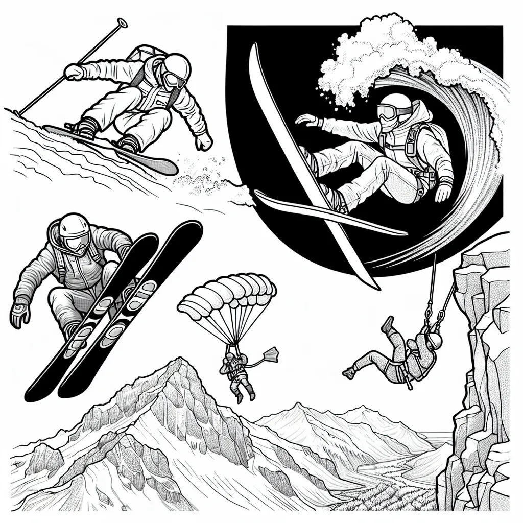 Dans ce dessin, vous trouverez un skieur extrême sautant d'une montagne avec la planche à neige dans les air, un surfeur chevauchant une vague géante, un parachutiste plongeant à vitesse maximale du ciel et un grimpeur escaladant une paroi rocheuse raide. Tous ces sportifs portent des vêtements colorés et du matériel de sport extrême.