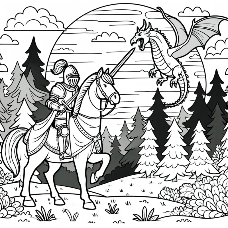 Un jeune chevalier courageux sur son cheval robuste défendant son royaume d'un dragon cracheur de feu. Autour d'eux, une forêt mystique dans un paysage au coucher du soleil.